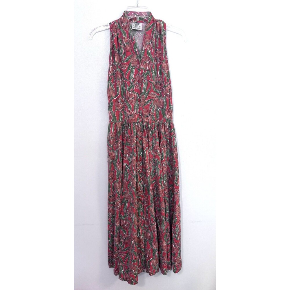 Vintage Laura Ashley Cotton MIDI Dress Floral Print  Orange/Rust Green Size 8